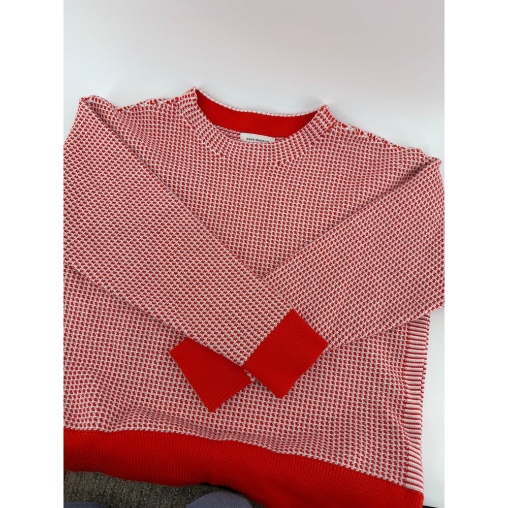 Club Monaco Sweater Womens Large Red White Houndstooth Crewneck Knit Viscose L